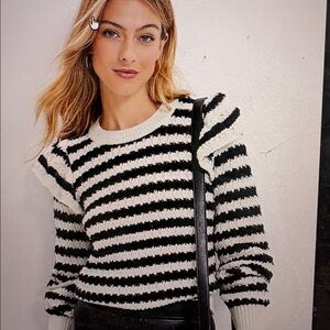 LOFT Black and White Striped Ruffle-Shoulder Sweater